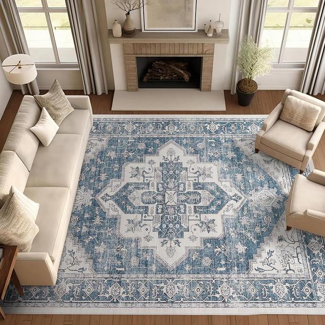 jinchan Washable Area Rug 8x10 Tribal Low Pile Living Room Rug Stain Resistant Boho Area Rug Distressed Carpet Soft Rug Ultra-Thin Non Slip Accent Rug Kitchen Bedroom Dining Room Farmhouse Blue