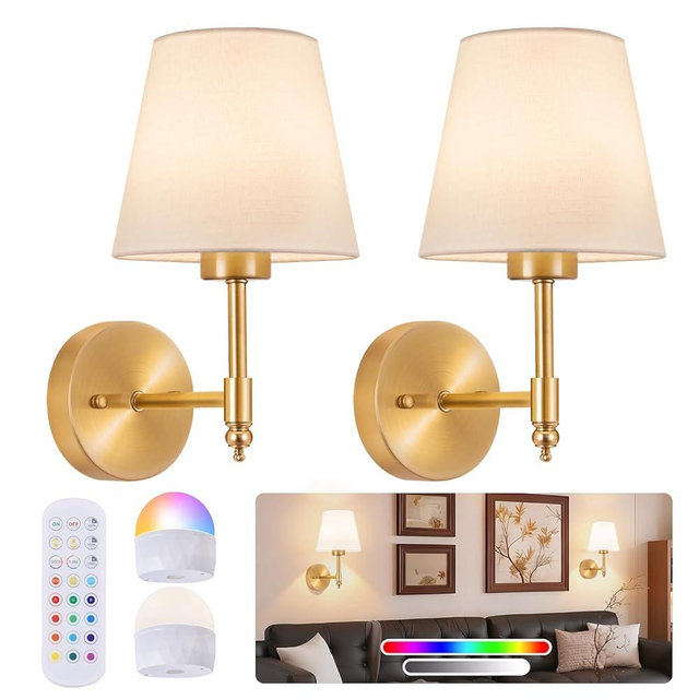 Battery Operated Wall Sconce Set of 2, Rechargeable Wireless Wall Lights with fabric Lampshade, 5000mAh Dimmable Bulbs with Remote,15 Colors Wireless Wall Lamps for Bedroom Living Room Hallway Decor