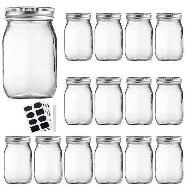 16oz Glass Jars with Regular Lids, Mason Jar With Airtight Lids, Clear Glass Jar Ideal for Jam,Honey,Shower Favors,Wedding Favors, 15 pack