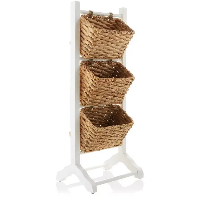 Casafield 3-Tier Floor Stand with Hanging Storage Baskets, White/Natural - Wood Tower Rack for Bathroom, Kitchen, Laundry, Living Room