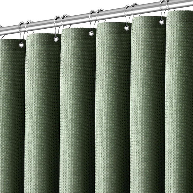 PANGSINNE Sage Green Shower Curtain - Waffle Weave Fabric Heavy Duty Shower Curtain for Bathroom, Water Repellent Weighted 256GSM Hotel Quality Machine Washable Bath Curtains with 12 Hooks, 72Wx72H