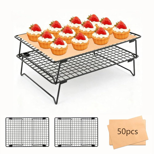 SHOUNAJIA Cooling Rack for Cooking and Baking, 2-Tier Stackable Wire Cooling Rack with Legs for Cooling Cookie, Pizza, Cake, Baking Paper 50 Pcs, 13" x 9", S