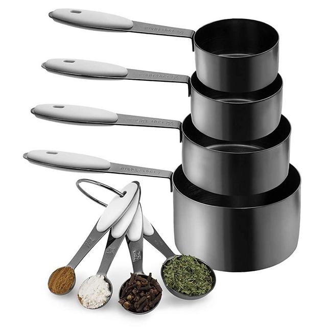 Country Kitchen 8-Piece Gunmetal Measuring Cups and Measuring Spoon Set Stainless Steel with Soft Touch Silicone Handles, Nesting Liquid Measuring Cup Set or Dry Measuring Cups Set (White)