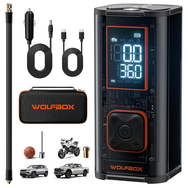 WOLFBOX 12000mAh&150PSI Heavy Duty Tire Inflator Portable Air Compressor,Double- cylinder 58LPM Fast Air Pump for Car Tires,3.5'' LED Display,20'' Hose,Air Compressor for Car,Pickup Truck,Bike