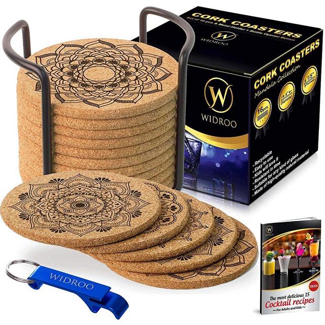 Mandala Coasters, Coaster Holder – Bar Coasters – Premium Cork Coaster Set of 16, Diameter 4 inch – Thick Absorbent Coasters with Round Edge – Heat-Resistant – Best for Cold Drinks, Glass, Cups, Mugs