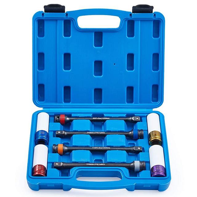 8pc 1/2" Drive Torque Limiting Extension Bar and Deep Impact Socket Set, Torque Extension Tool Set with 90-120 ft-lb Torque Sticks, Impact Torque Limiter Set with 17 19 21mm 7/8" Sockets