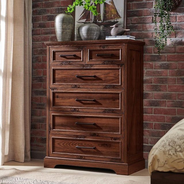 ACCOHOHO 6 Drawer Dresser, Farmhouse Chest of Drawers for Bedroom, 44" Tall Dresser with Large Metal Handles, Wood Drawer Organizer for Living Room, Hallway, Closet - Brown