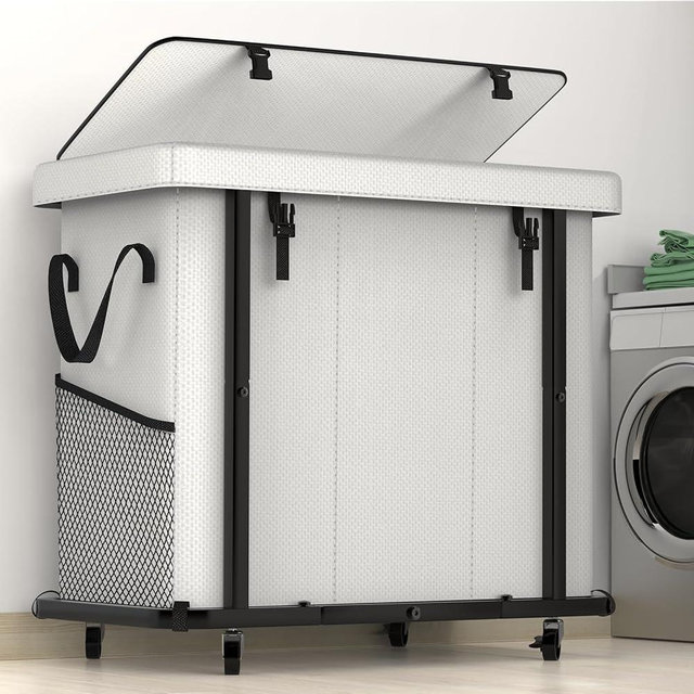60 Gal(230L) High Grade Large Laundry Basket with Wheels, Rolling Laundry Hamper, Laundry Cart with Metal Frame and Removable Bag Design, Suitable for Laundry Room,Bedroom (White, 3 Section 230L)