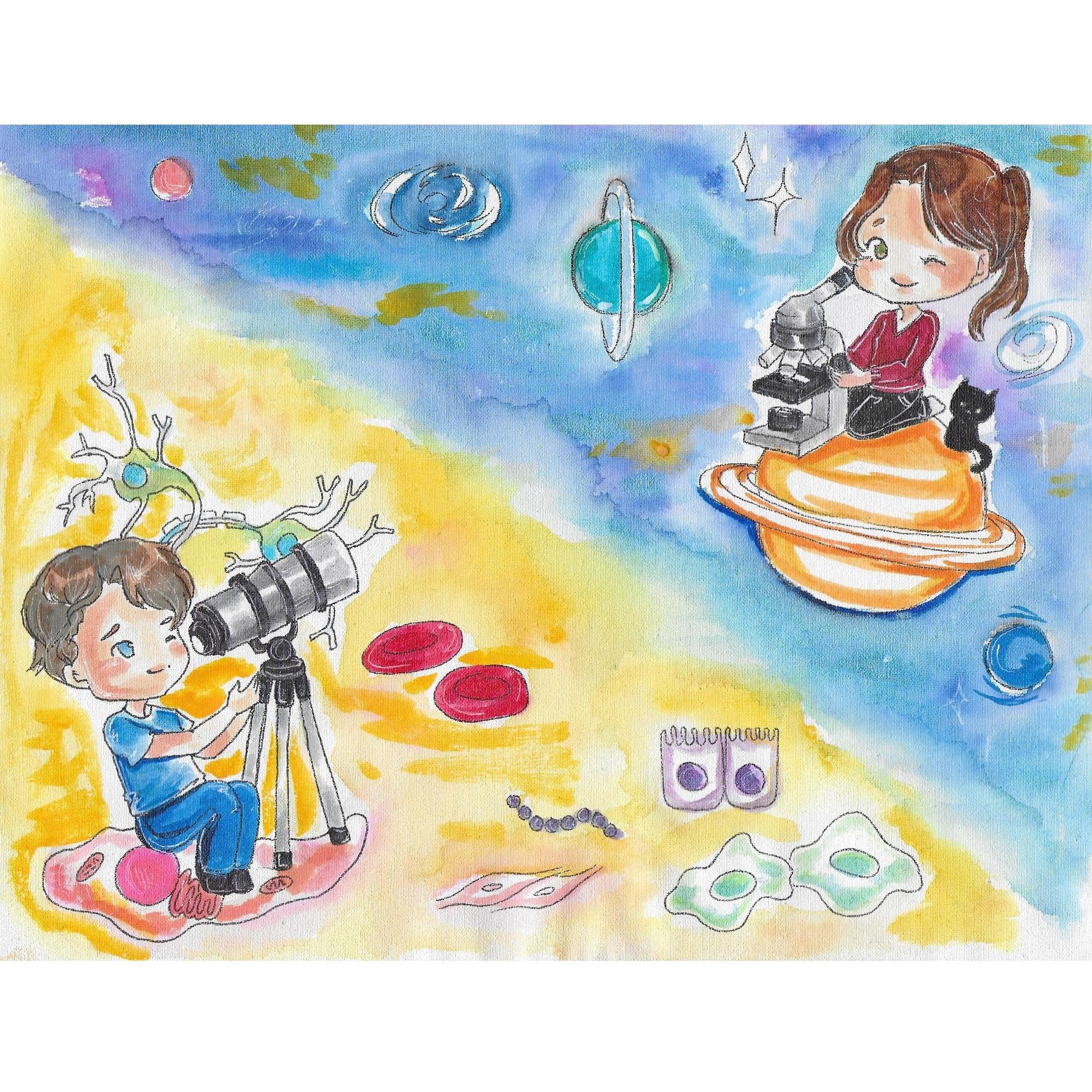 "Looking at life through opposite ends of the telescope." Painting courtesy of Constance Wu.