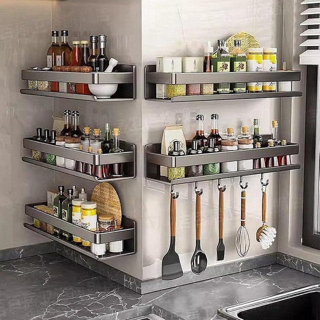 CXQNiu Carbon Steel Wall Mounted Spice Rack with Hooks, 15.75" D x 3.94" W x 3.15" H Adhesive No-Drill Spice Organizer, Dark Gray Kitchen & Bathroom Storage Shelf for Countertop Cabinet Wall