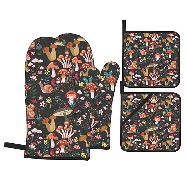 Mushrooms Snails Butterflies Oven Mitts and Potholders Professional Heat Resistant Cotton Oven Mitts Kitchen Gloves 4 Piece Set