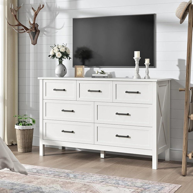 BAZELOR Farmhouse Dresser for Bedroom, 7 Drawers Dresser with Natural Texture, Wood Rustic Wide Chest for Bedroom, Hallway, Entryway, White