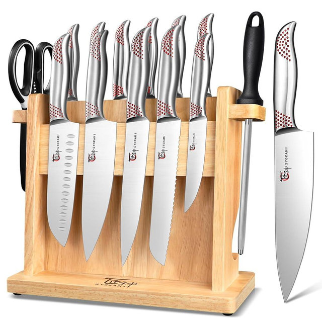 SYOKAMI Kitchen Knife Set, 14 Pieces Japanese Style Knife Block Set With Wooden Block, High Carbon Stainless Steel Ultra Sharp Knives With Ergonomic Handle, Including Honing Steel and Shears, Red Dot