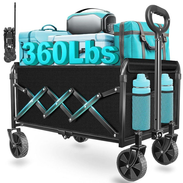 Wagons Carts Foldable, Collapsible Wagon with Wheels — Durable Foldable Wagon for Groceries,Picnic & Pets, Small Hauls, Apartment Moving & Storage, Portable Utility Pull Wagon Cart, 360lbs, Jet Black