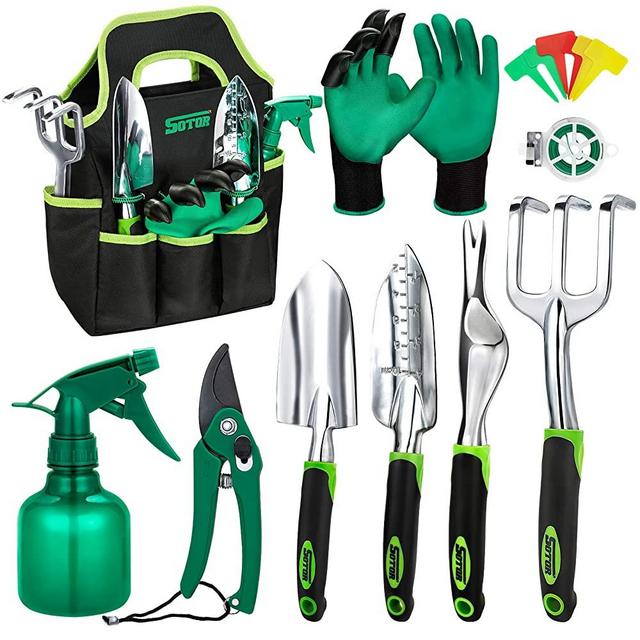 Garden Tools Set 15 Pieces, Stainless Steel Heavy Duty Gardening Tool Set with Ergonomic Handle, Digging Trowel Pruner Weeder Hand Rake, Storage Tote Bag, Gloves Sprayer and More Outdoor Hand Tools