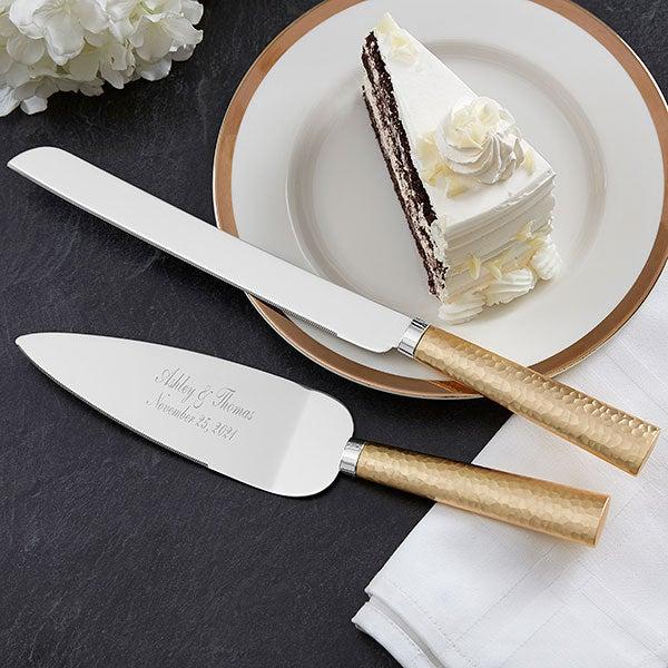 Gold Hammered Engraved Cake Knife & Server Set