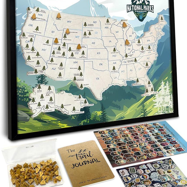 flinelife National Parks Map With Wooden Pine Tree Pins, 12X10, National Park Bucket List Cork Map, Perfect for National Parks Lovers, Hiker, Couples and Families Gift