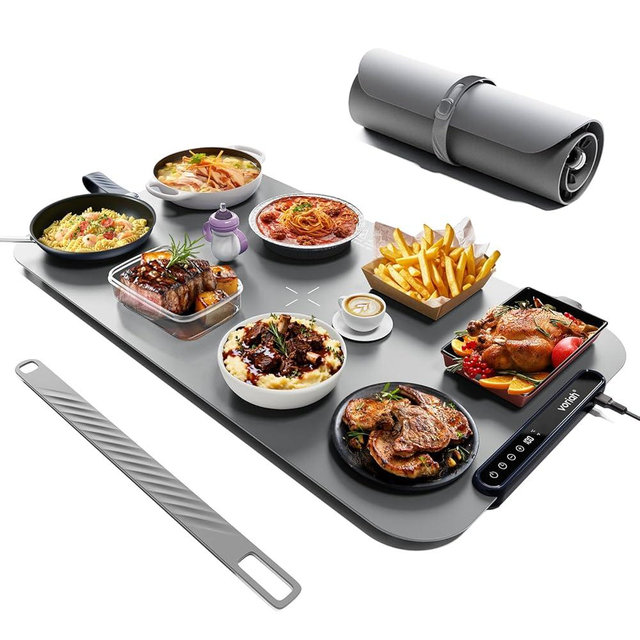 Voriah Warming Mat for Food,27.5x15.7'' XL Silicone Food Warming Mat,99H Continuous Heat,7 Temp Levels,℉/℃ Switch,Rollable & Portable Food Warming Mat for Buffet,Parties Daily Use-Graphite Gray