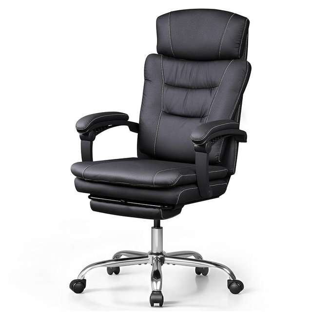 DEVAISE Executive Leather Home Office Chair with Footrest, High Back and Heavy Duty, Comfortable Big and Tall Ergonomic Desk Chair with Lumbar Support, Comfy Reclining, SGS Class 4 Gas Lift, Black