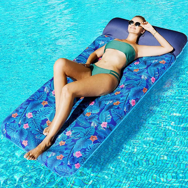 FindUWill Oversized Pool Float Lounge, 72" X 37" Extra Large Fabric-Covered Pool Floats for Adults, Inflatable Contour Lounger with Headrest Ultra-Comfort Cooling Pool Raft (XL, Monstera)