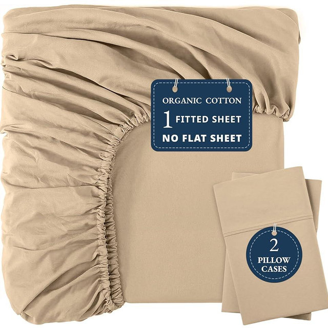 LANE LINEN King Fitted Sheet, 100% Organic Cotton, 3-Piece Set (1 Fitted Sheet,2 Pillowcases), Percale Weave, Ultra Soft, Breathable,Fits Mattress Upto 15" Deep - Linen (No Flat Sheet)