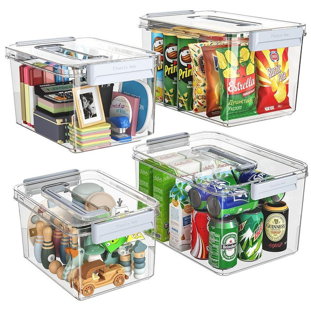 MAGDESIGNER Plastic Storage Bins with Lids Stackable organization and Storage Containers for Organizing Snacks, Crafts, Tools Clear Storage Box with Latching handle(Clear, 2PCS-4.5QT 2PCS-8.5QT)