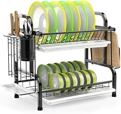 Dish Drying Rack, iSPECLE 304 Stainless Steel 2-Tier Dish Rack with Utensil Holder, Cutting Board Holder and Dish Drainer for Kitchen Counter
