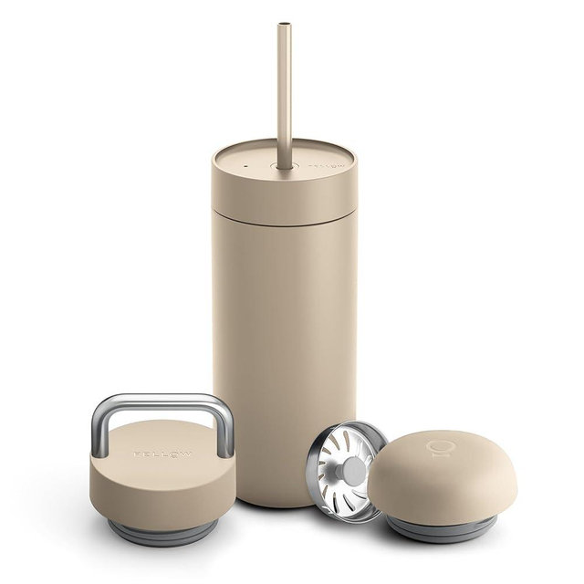 Fellow 16 oz Carter Bundle (3 in 1) Travel Mug with Carry Handle, Move & Cold Lids with Straw - To-Go Coffee Tumbler, Ceramic Interior & Vacuum-Insulated Stainless Steel - Coffee Cups-Sand Dune