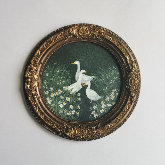 Hand-Painted Duck Meadow Artwork, Vintage Bronze Framed Nature Decor