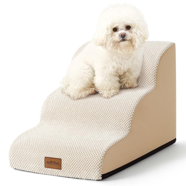 PetSafe Curved Dog Stairs, Foam Ramp for Small Pets, Non-Slip Ladder for Bed & Sofa with Waterproof Cover,Beige