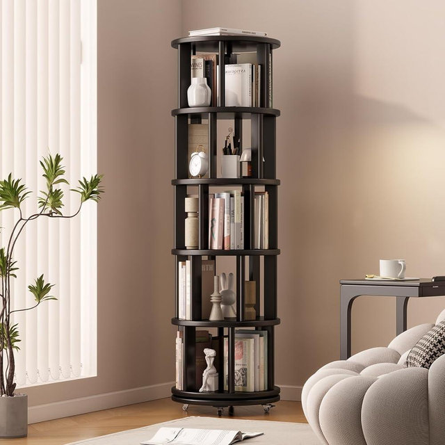 Muwuele Solid Wood Rotating Bookshelf on Wheels, 5 Tier, Round Revolving Bookcase, 360° Spinning Book Shelf Tower for Kids, Narrow Rolling Bookshelves for Small Space, Corner, Bedroom, Office, Black