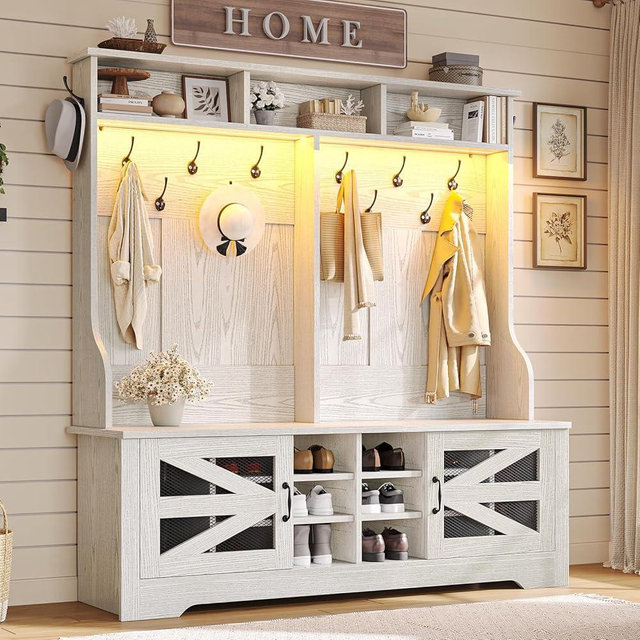Itaar Hall Tree with Bench and Shoe Storage, 5-in-1 Entryway Bench with Coat Rack, 16 Shoe Cubbies & 12 Coat Hooks, Barn Door & Adjustable Shelf (Embossed White)