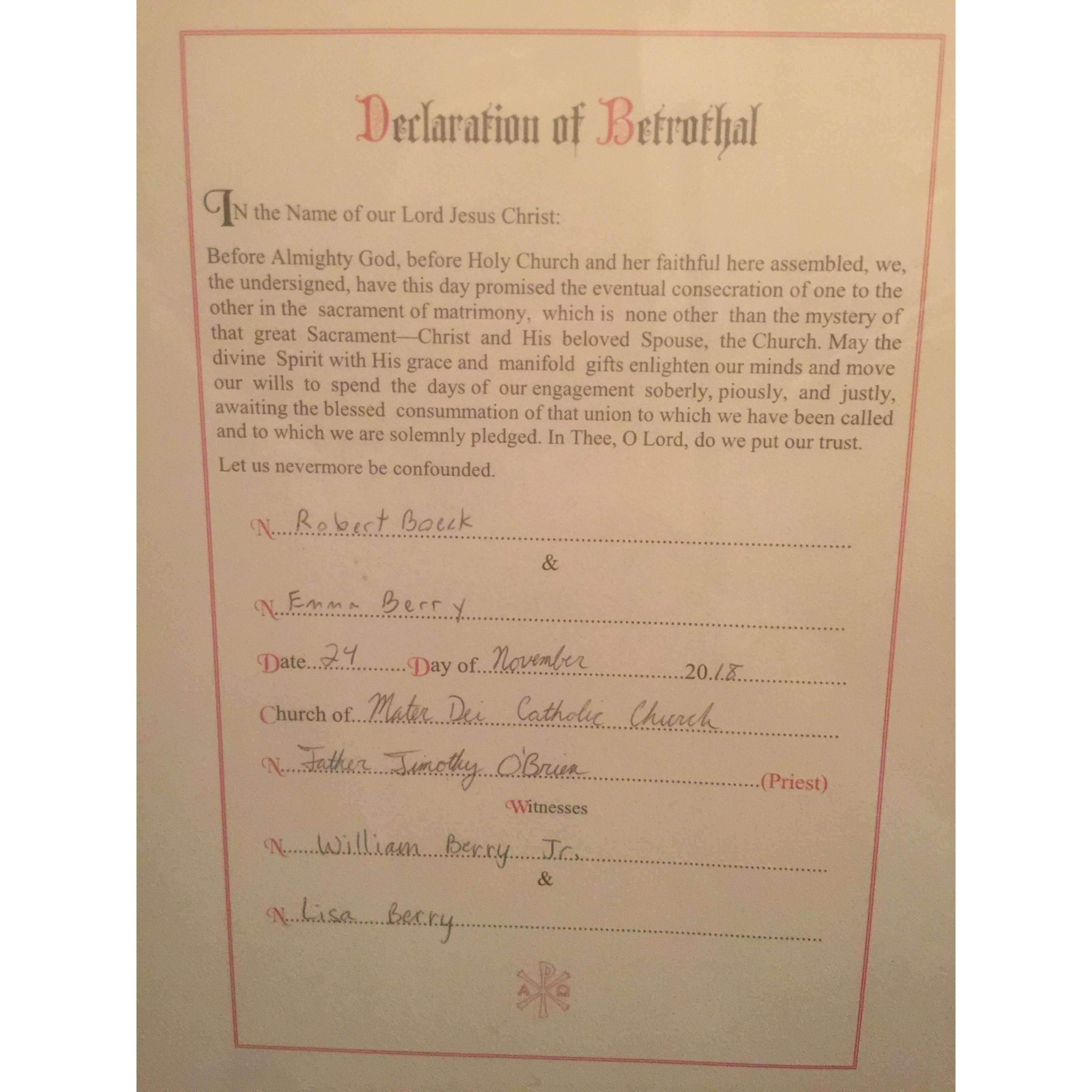We were betrothed on November 24 by Father O'Brien at Mater Dei, the same place where Robi proposed & where we'll be married! Father is preparing us for marriage & will be present at our wedding Mass!