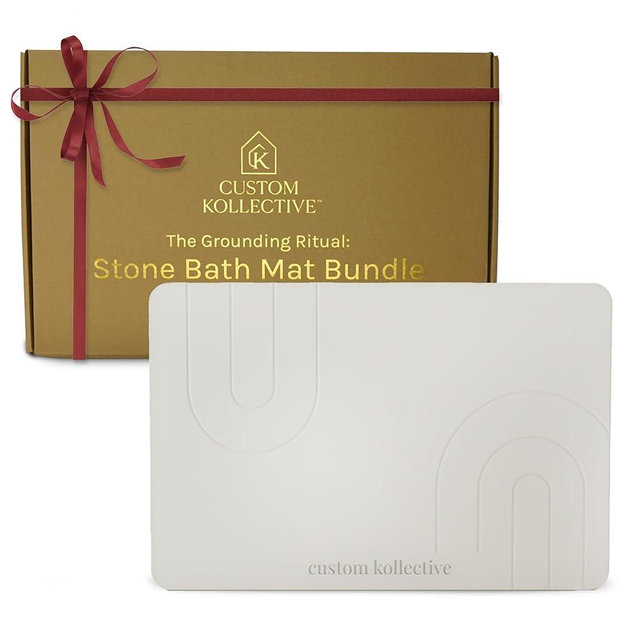 Custom Kollective™ Stone Bath Mat Ritual Bundle – Diatomite Quick-Dry Mat with Anti-Slip Pad, Brush, Polishing Pad & Storage Bag (Grounding Sandstone)