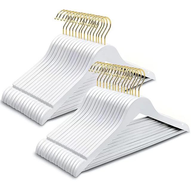 Amber Home Solid Wood Suit Coat Hangers 30 Pack, Smooth White Wooden Dress Hangers with Non Slip Pant Bar, Clothes Hangers with 360° Gold Hook & Notches for Jacket, Pant, Shirt (White + Gold, 30)