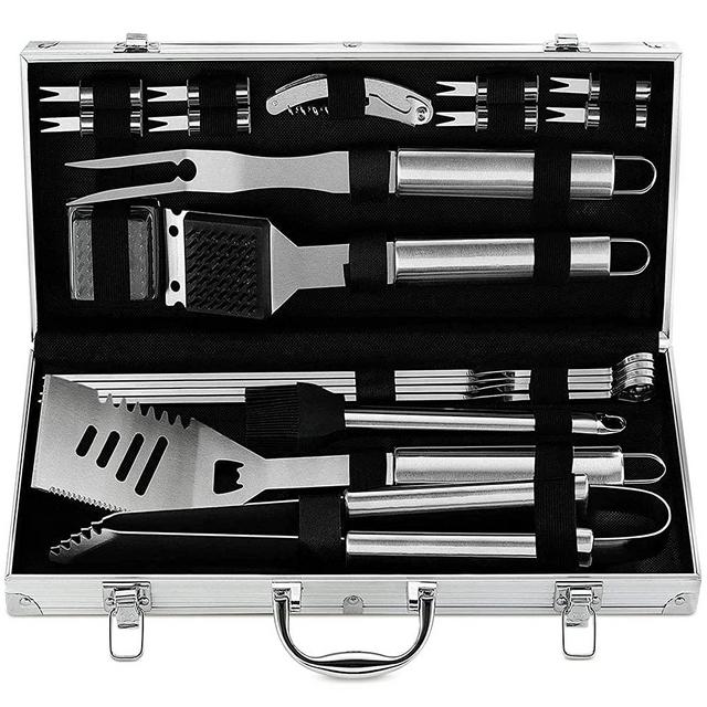 20 Piece Heavy Duty BBQ Grill Tools Set - Extra Thick Stainless Steel Spatula, Fork & Tongs. Complete Barbecue Accessories Kit in Aluminum Storage Case
