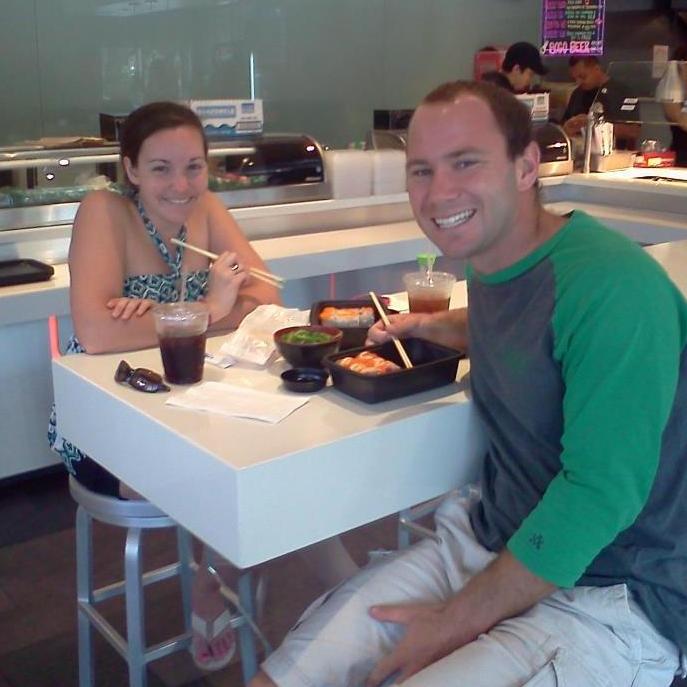 Cian trying to get Krista to eat sushi.