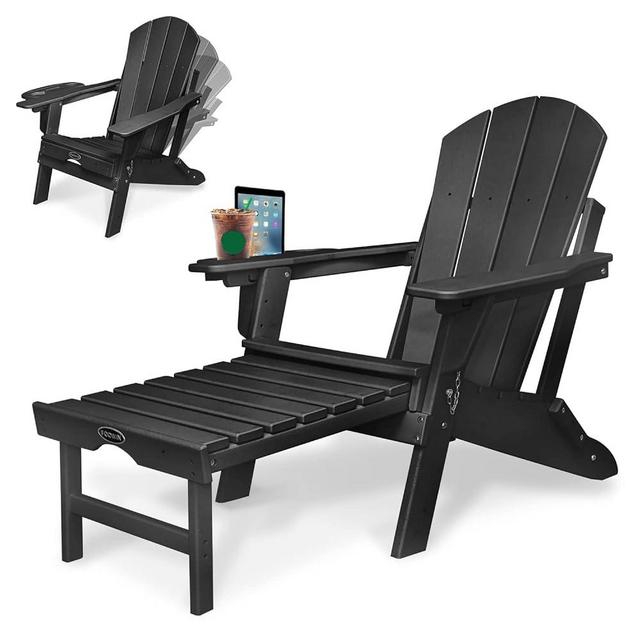 FOOWIN HDPE Adirondack Chair with Ottoman,Adjustable Backrest Adirondack Chair w/4 in 1 Cup Holder Trays,All-Weather Resistant Adirondack Chairs for Outdoor, Patio, Lawn, Garden, Backyard Deck (Black)