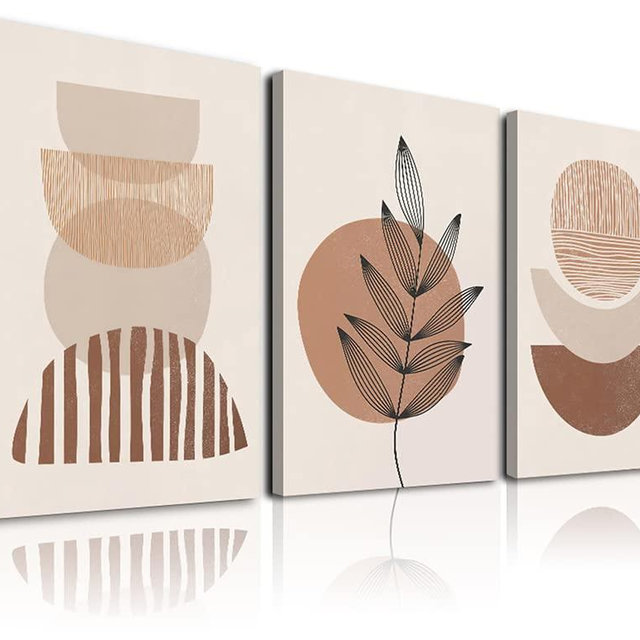 Minimalist Boho Wall Art Set of 3, Mid-Century Modern Wall Art, Framed Canvas Wall Art Moon Botanical Geometric Neutral Abstract Artwork Prints Modern Boho Room Wall Decor Ready To Hang for Living Room, Bedroom, Bathroom, Office (12"x16")