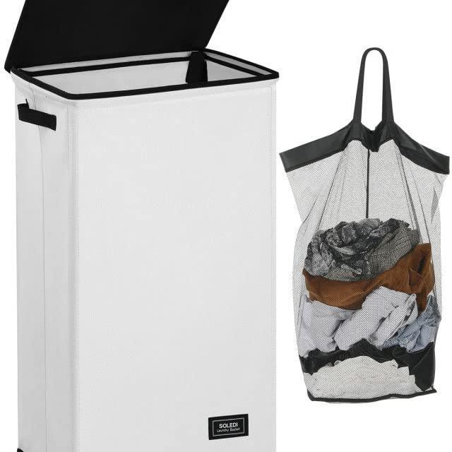SOLEDI Laundry Hamper with Lid - 100L XL - Large Laundry Basket with Removable Bag - Collapsible Laundry Baskets, Convenient Storage - Hampers for Laundry for Bedroom, Bathroom, Closet, Dorm - White