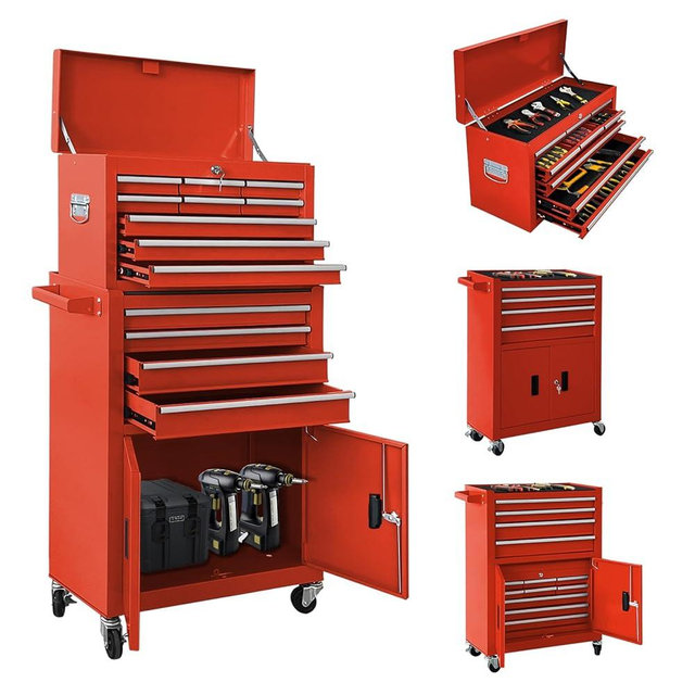 Sormols 13-Drawer Double Door Rolling Tool Chest, 2 in 1 Detachable Tool Chest,Tool Box with Drawers and Wheels, Large Tool Cabinet with Lock, Metal Standing Toolbox for Garage Workshop-Red
