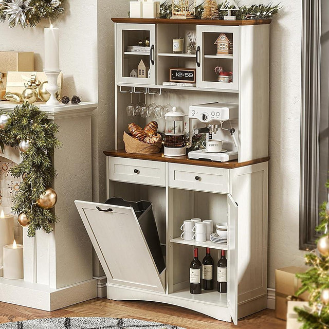 OUTGUAVA Tilt Out Trash Can Cabinet 13 Gallon, Kitchen Pantry Cabinet with Adjustable Shelves and 2 Hideaway Drawers, Wooden Freestanding Recycling Cabinets for Kitchen Living Room Dining Room
