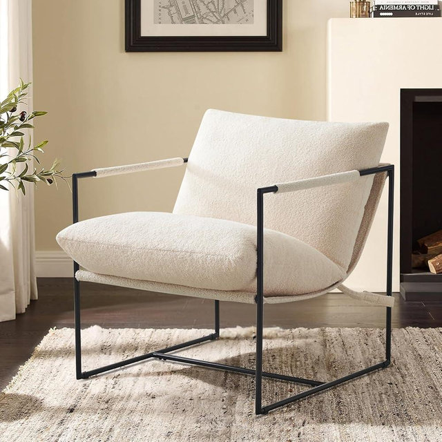 Furniliving Sling Accent Chair with Metal Frame, Comfortable Boucle Fabric Arm Chair, Upholstered Cozy Reading Chair for Living Room, Bedroom, Dressing Room, Home Office, Ivorywhite