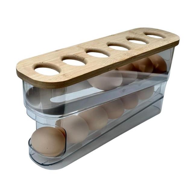 Durable Clear Plastic Egg Dispenser for Refrigerator: 18-Egg Organizer with Wooden Lid - Stackable Fridge Egg Holder and Storage Container with Wooden Top, Kitchen Efficiency at Its Best!