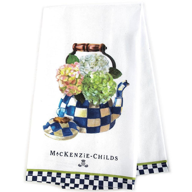 MACKENZIE-CHILDS Cotton Dish Towel, Cute Decorative Kitchen Dish Towel for Cleaning and Home Decor, Set of 1, Hydrangea Tea Kettle