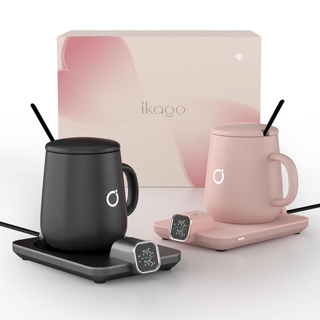 2Pcs Heated Coffee Mug Warmer & Mug Set - Heated Mug Warmer Plates with Auto Shut Off, 1°F Precise Electric Coffee Warmer Plates for Desk, Valentine's Day Gift for Couple, Dark Grey and Pink