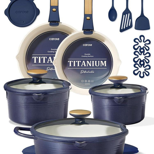 CAROTE 22Pcs Titanium Cookware Set, Pots and Pans Set Non Stick, Kitchen Cooking Set with Detachable Handle, Non Toxic Induction Cookware, Dishwasher/Oven Safe，Blue