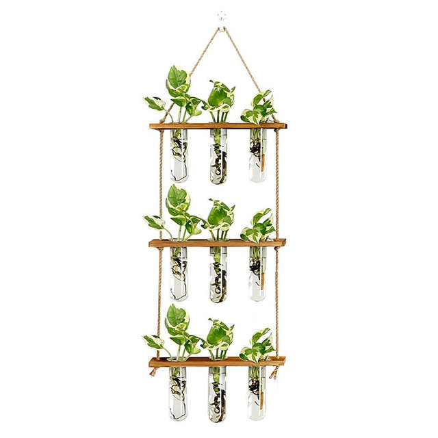 XXXFLOWER Wall Hanging Propagation Station with Wooden Stand Glass Test Tubes Tiered Planters Wall Terrarium for Home Office Plant Hanger Flower Vases Wall Decor Hydroponic Cuttings