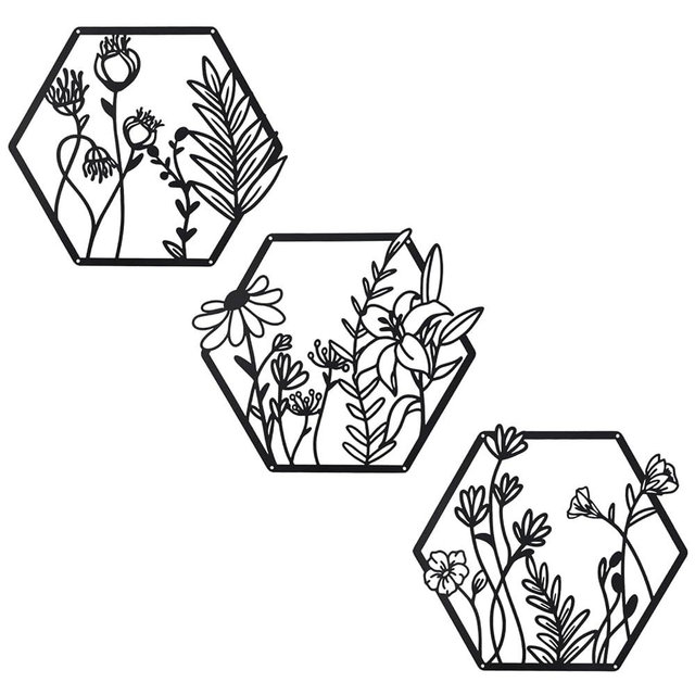 OYEFLY 3 Pcs Metal Flower Wall Decor,Farmhouse Flower Art (Black)