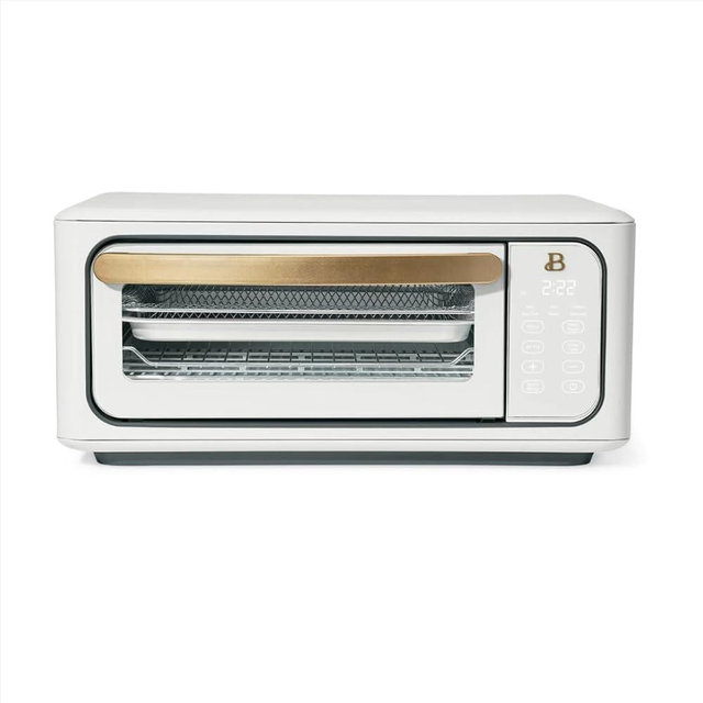 Beautiful 10-in-1 Digital Air Fry Toaster Oven with Infrared & Convection, Air Fryer, 15L Capacity, Touch Display, Fits 12" Pizza, 1800W, Bake, Broil, Toast, Reheat–Space-Saving Design, White Icing